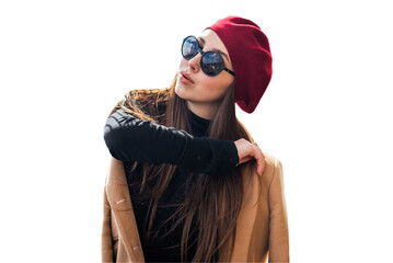 Young beautiful woman with long brown hair wearing red barret hat in sunglasses isolated on white background. Fashionable sexy girl. Street fashion look. Cute student. blank. template.