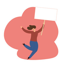 Protester woman holding empty banner. Activist protesting, political meeting, strike human female rights. Vector illustration isolated.