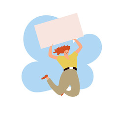 Protester woman holding empty banner. Activist protesting, political meeting, strike human female rights. Vector illustration isolated.