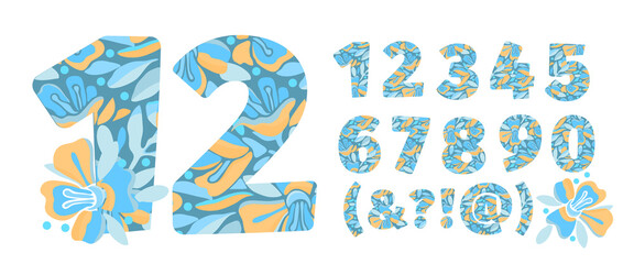 Vector flower numbers from 0 to 9. Botanical character, figure. Yellow, blue color flowers in the shape of a bold number. Garden flowers with branches and leaves.