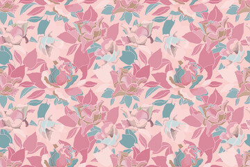 Fototapeta na wymiar Vector floral pastel seamless pattern. Pink, turquoise roses and leaves isolated on a pale pink background. For decorative design of any surfaces.