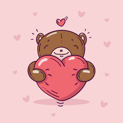 Teddy bear with big red heart in doodle style on pink background with hearts
