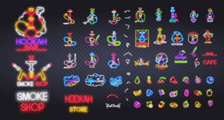 Big set of Hookah bar neon sign, bright signboard, light banner. Neon light Hookah logo, emblem. Vector illustration