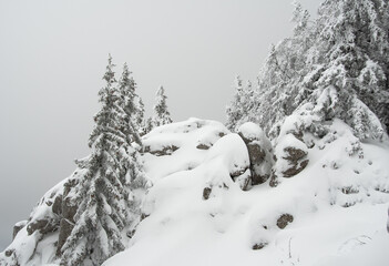 VELEBIT MOUNTAIN, ZAVIZAN - 2.1.2021. Northern Velebit National park covered with snow. Cloudy cold day in the mountains.