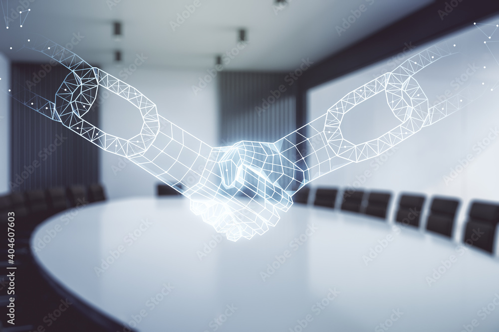 Poster abstract virtual blockchain technology hologram with handshake on a modern conference room backgroun