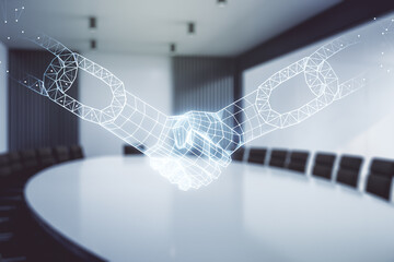 Abstract virtual blockchain technology hologram with handshake on a modern conference room background. Digital money transfers and decentralization concept. Multiexposure