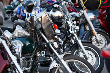 Fototapeta na wymiar Classic Motorcycles group parking on street during journey.