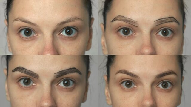 Process, steps of professional painting, coloring eyebrows of young woman, closeup view. She is looking at camera. Modern trendy styling beauty procedure, correction, coloring of eyebrows.
