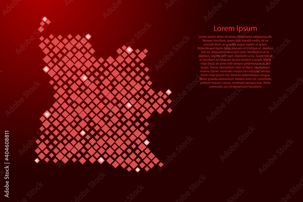 Poster angola map from red pattern rhombuses of different sizes and glowing space stars grid. vector illust