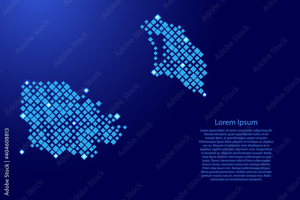 Poster antigua and barbuda map from blue pattern rhombuses of different sizes and glowing space stars grid.