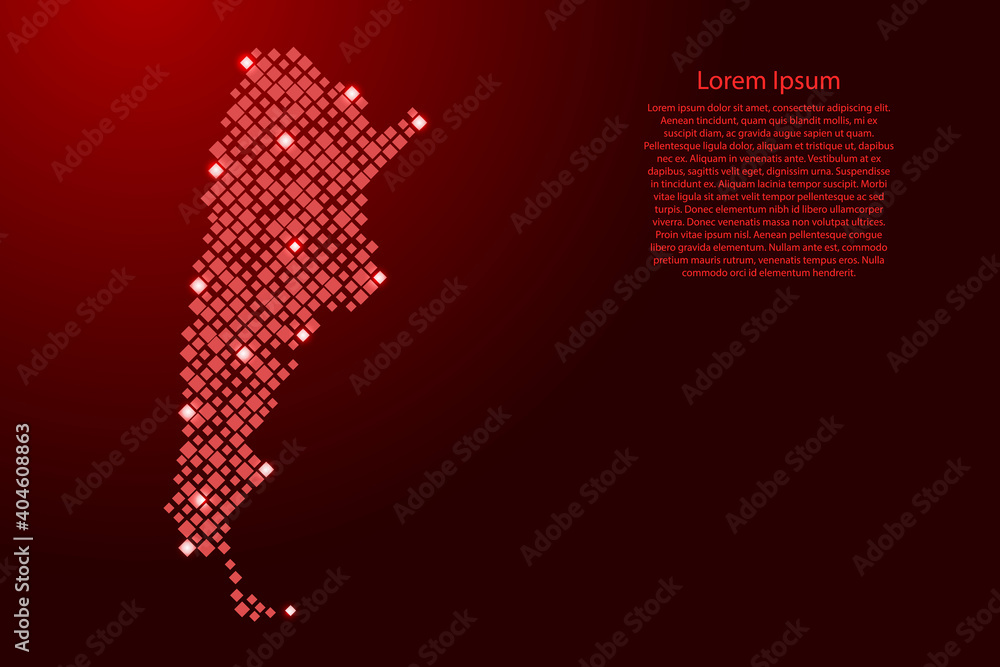 Poster argentina map from red pattern rhombuses of different sizes and glowing space stars grid. vector ill