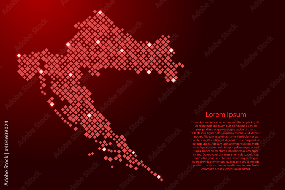 Poster croatia map from red pattern rhombuses of different sizes and glowing space stars grid. vector illus