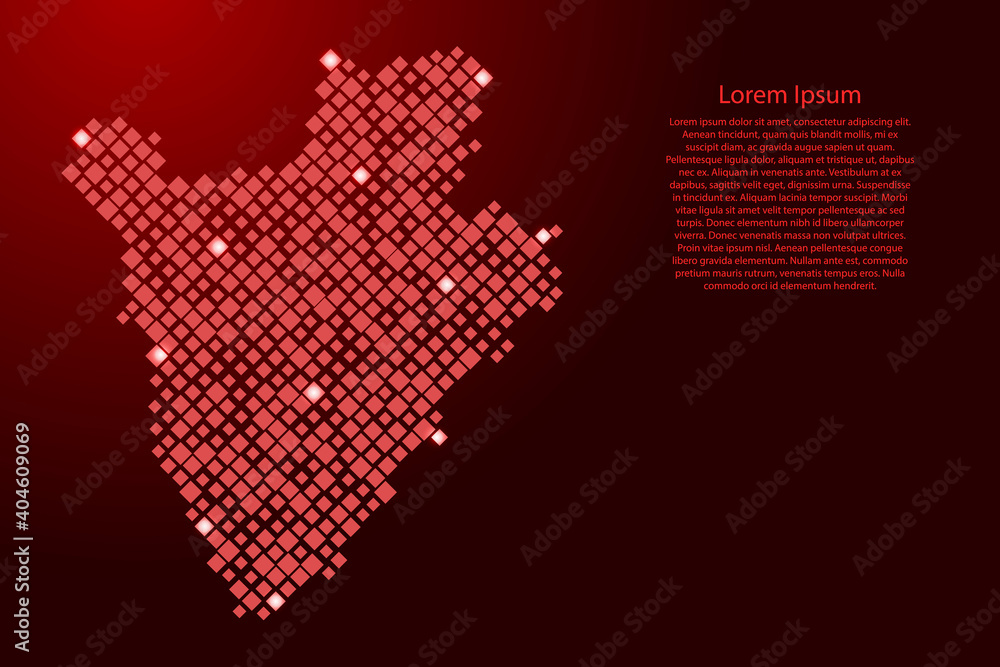 Poster burundi map from red pattern rhombuses of different sizes and glowing space stars grid. vector illus