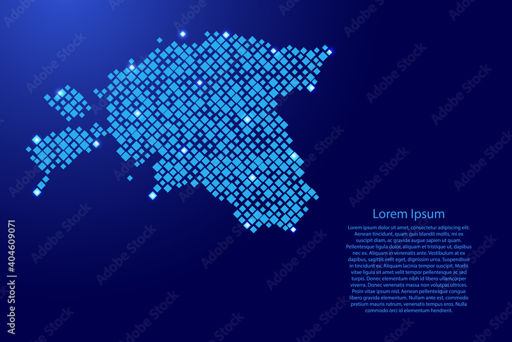 Poster estonia map from blue pattern rhombuses of different sizes and glowing space stars grid. vector illu