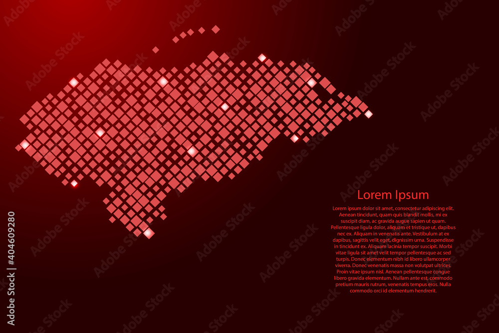 Poster honduras map from red pattern rhombuses of different sizes and glowing space stars grid. vector illu