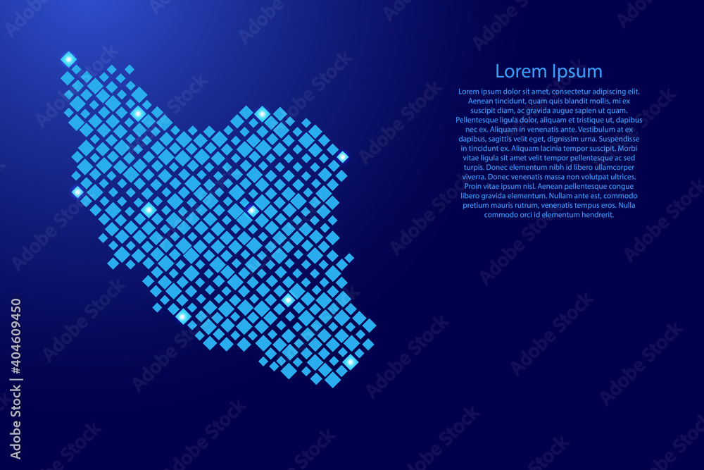Poster iran map from blue pattern rhombuses of different sizes and glowing space stars grid. vector illustr