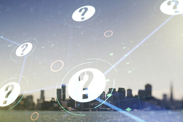 Fototapeta premium Double exposure of abstract virtual question mark hologram on San Francisco city skyscrapers background. Sociology and psychology concept