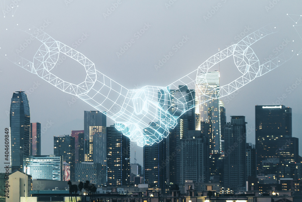 Aufkleber abstract virtual block chain technology sketch with handshake on los angeles office buildings backgr