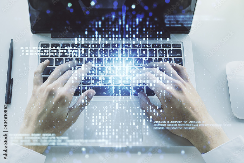 Poster double exposure of creative code skull hologram and hands typing on laptop on background. malware an