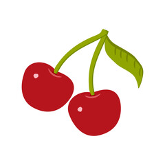 Two ripe cherries with one leaf on a white background