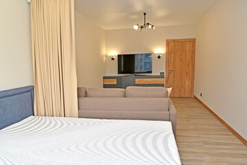 Obraz premium Zoned living room-bedroom in a single room. Modern minimalism