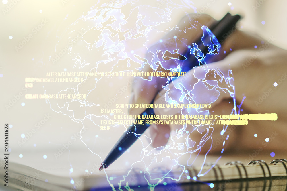 Poster double exposure of abstract creative programming illustration with world map and woman hand writing 