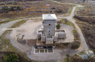 Areal view of monument on hill Cerje in winter, Miren - Kostanjevica, Slovenia