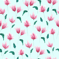 Acrylic abstract pink flowers on light blue background seamless pattern. Beautiful hand drawn botanical print for textile, fabric, wallpaper, wrapping paper, decoration and design. 
