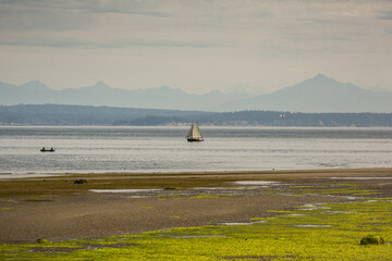 Fototapeta na wymiar sailboat on the ocean with mountains 