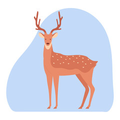 Deer isolated on a blue background. Cute winter character. Banner, poster, postcard. Vector illustration in cartoon style.