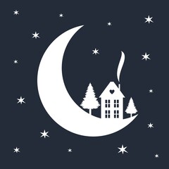 Obraz na płótnie Canvas Silhouette of a house on the moon with stars