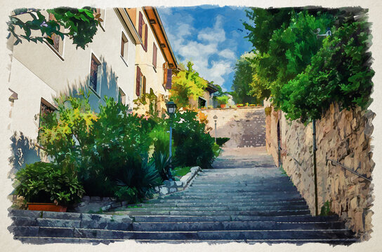 Fototapeta Watercolor drawing of Cobblestone staircase with stairs, green trees, bushes and flowers, street lights between stone walls in Brescia city