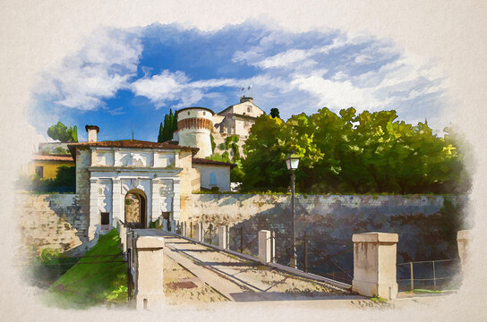 Watercolor drawing of Road to Arch Gate over moat of Castello or Castle of Brescia or Falcon of Italy on Cidneo Hill with green park in historical city