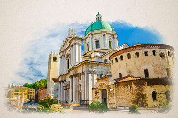 Fototapeta na wymiar Watercolor drawing of Santa Maria Assunta Cathedral, Duomo Nuovo and Duomo Vecchio La Rotonda, New and Old Cathedral Roman Catholic church