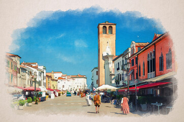 Watercolor drawing of Chioggia: people actors take part in film shooting, mass scene movie making in street of historical town centre