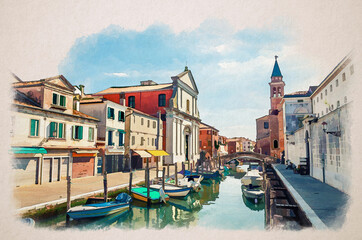 Fototapeta na wymiar Watercolor drawing of Chioggia cityscape with narrow water canal Vena with moored multicolored boats, Chiesa dei Filippini church