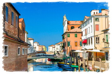 Fototapeta na wymiar Watercolor drawing of Chioggia cityscape with narrow water canal Vena with moored multicolored boats between old colorful buildings