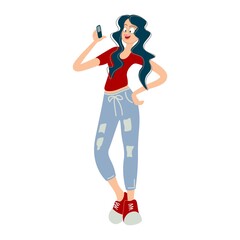 Young girl with a happy face talking on the phone, laughing and flirts. Concept flat vector illustration on a white background.