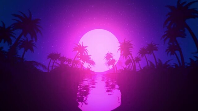 Retro wave, synthwave flyer footage. Palm trees along river. Sunset or sunrise above horizon. Water reflections. Bright glowing neon sun. Purple and pink colors. 80s, 90s style. 3D render animation 