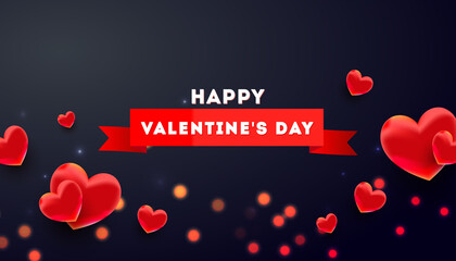 Beautiful stylish banner with 3d air love balloons decor on a dark background with greeting text. Vector illustration