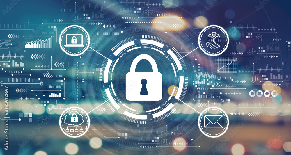 Poster internet network security concept with blurred city abstract lights background