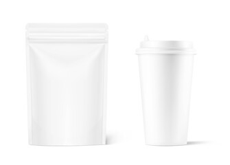 Food pouch bag and paper cup isolated on white background. Vector illustration. Front view. Can be use for template your design, presentation, promo, ad. EPS10.	