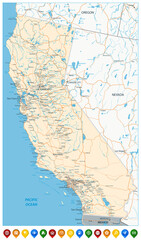 Map of California State and Colored Map Icons