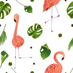 Papier Peint photo Flamingo Seamless pattern with tropical leaf and pink flamingo for your design, wallpapers, textile. Beautiful pink bird and palm leaves, monstera on white background. Vector illustration.