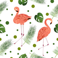 Obraz premium Seamless pattern with tropical leaf and pink flamingo for your design, wallpapers, textile. Beautiful pink bird and palm leaves, monstera on white background. Vector illustration.
