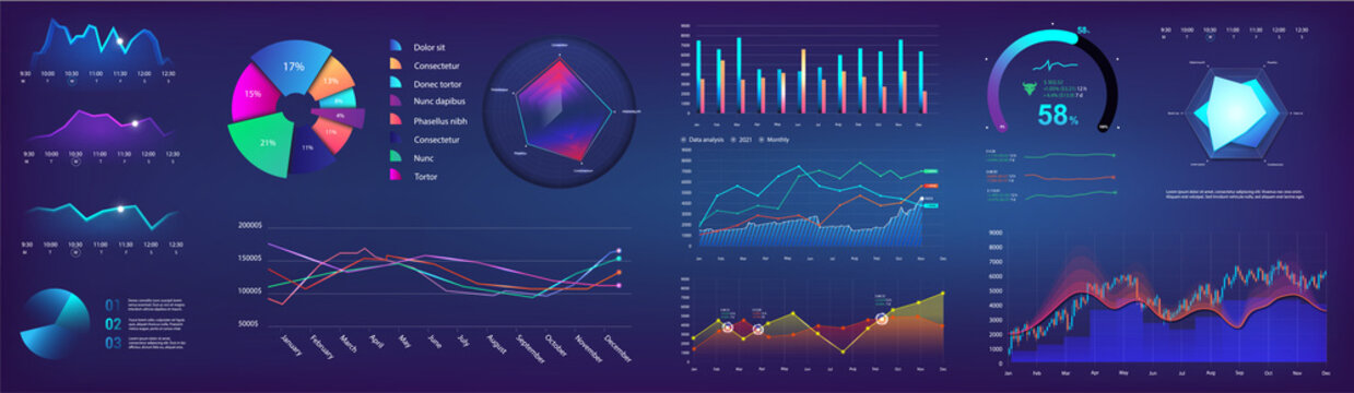 UI elements infographic, dashboard template with graph, charts and diagrams elements. Modern futuristic neon graphic infocharts. Dashboard mockup UI, UX, KIT. Graphics and infographics set. Vector