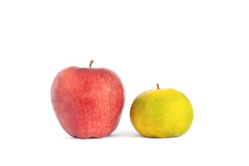 Apple and orange on white background.