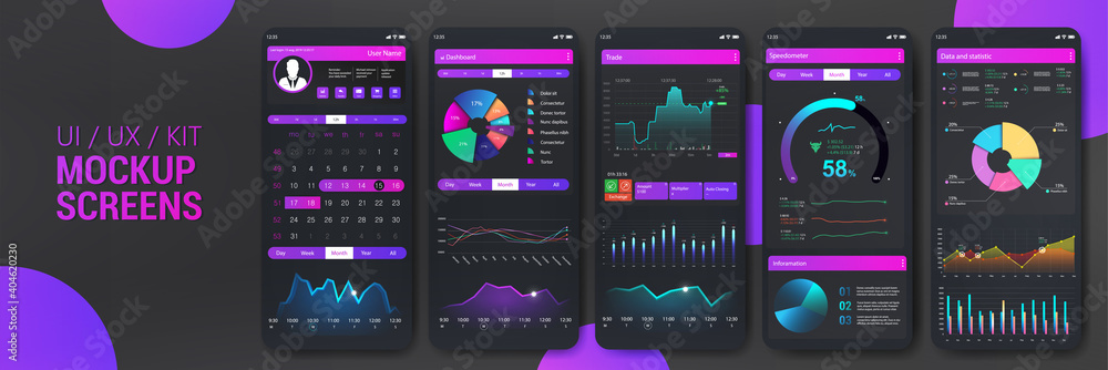 Poster Gradient mobile application mockup. UI, UX, KIT smartphones app screens design. Modern infographic, pie charts, diagrams, workflow and chart graph in flat style. Mobile app template. Vector interface