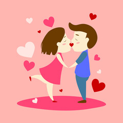 cute postcard of a couple in love, kisses and many beautiful hearts. Valentine's day card, poster, vector illustration