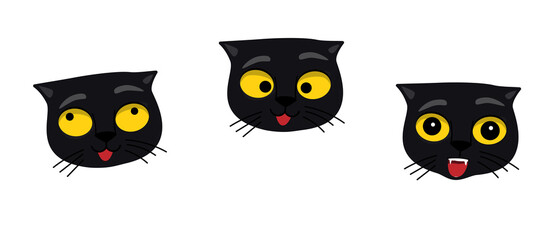 Set of cat faces emoji. Crazy kitten with different emotions. Angry, skeptical, happy. Funny cat breaking things comic illustration, cartoon vector drawing.